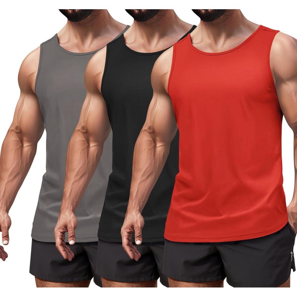 imageCOOFANDY Mens 3 Pack Workout Tank Tops Sleeveless Gym Shirts Bodybuilding Fitness Muscle Tee ShirtsBlackDark GreyRed