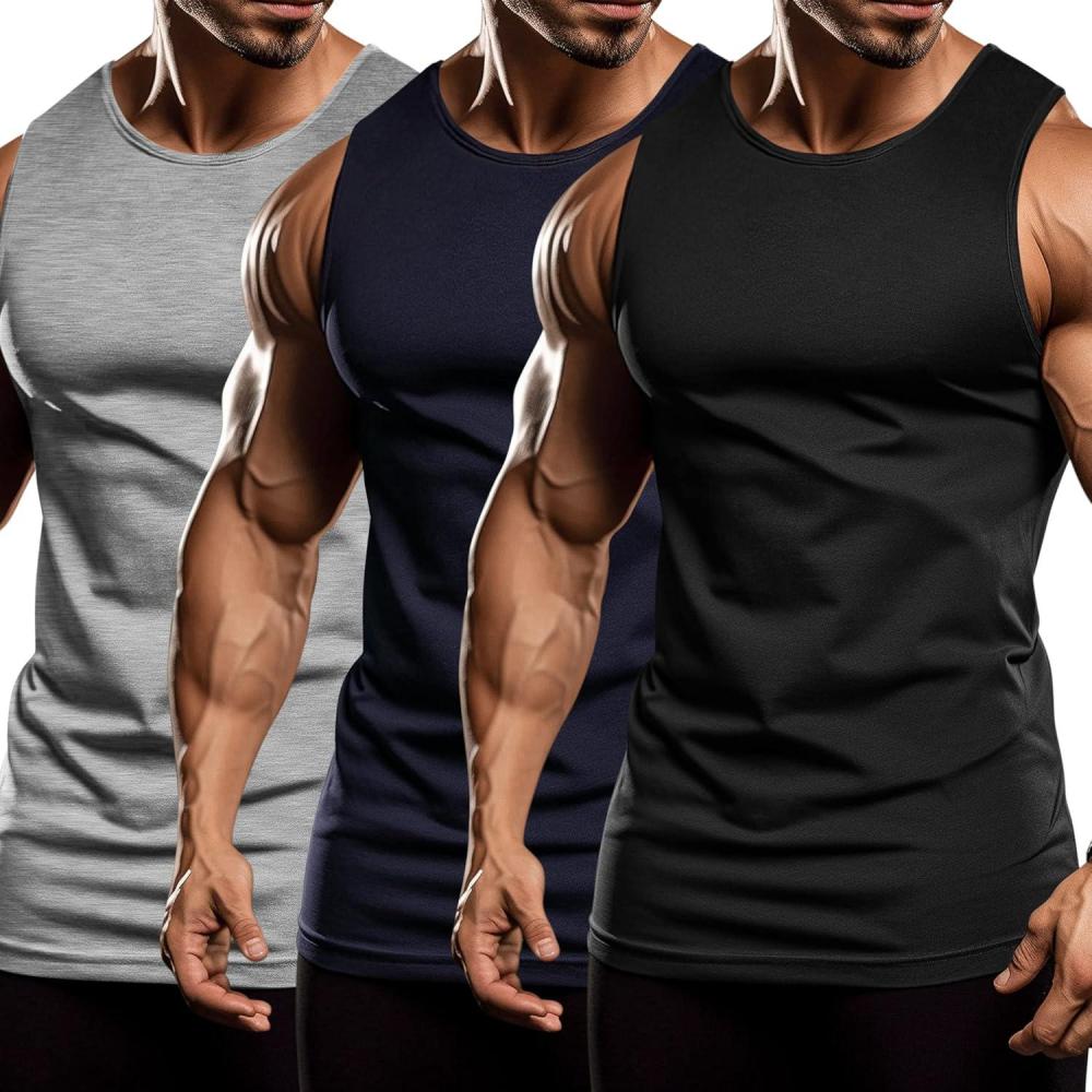 imageCOOFANDY Mens 3 Pack Workout Tank Tops Sleeveless Gym Shirts Bodybuilding Fitness Muscle Tee ShirtsBlackNavy BlueLight Grey