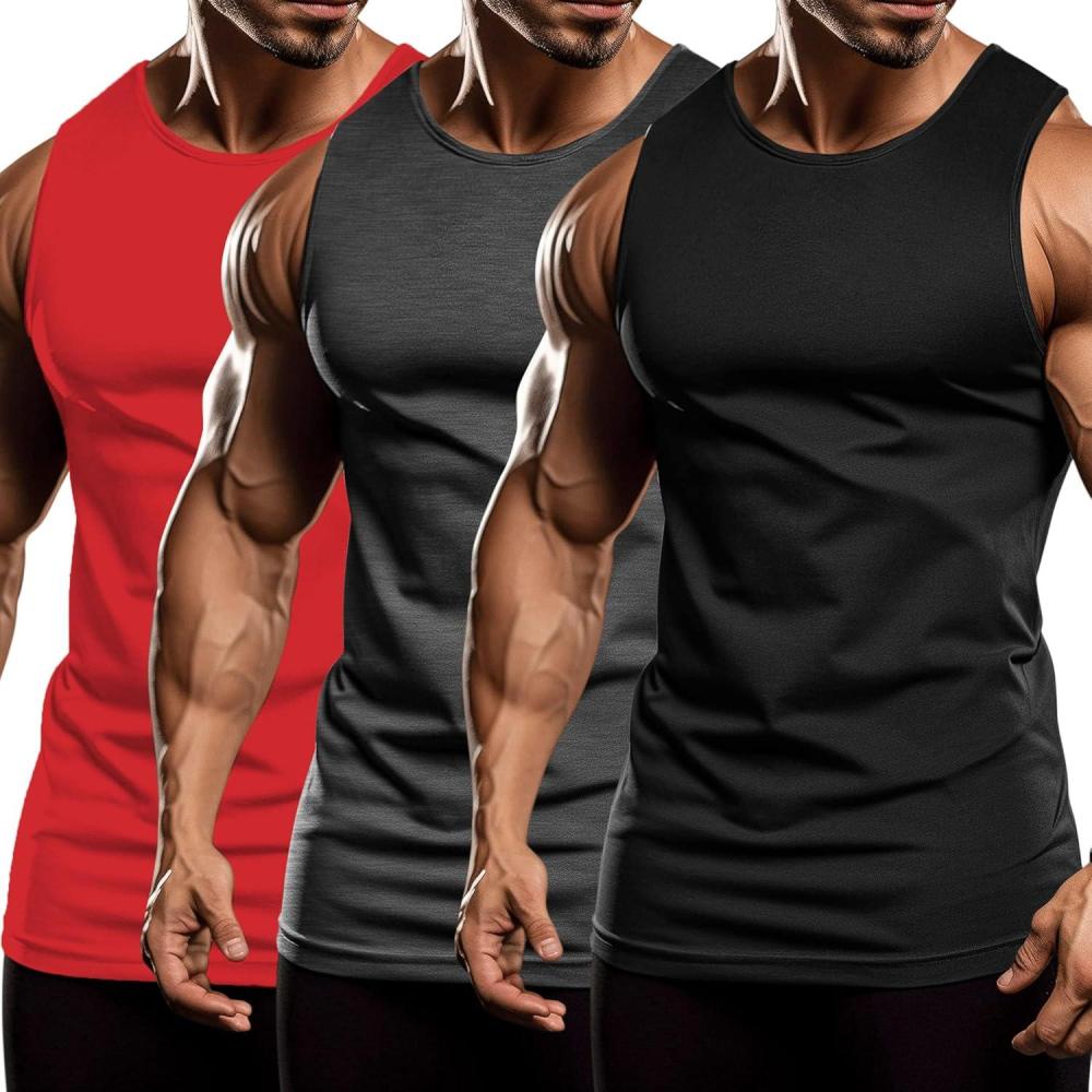 imageCOOFANDY Mens 3 Pack Workout Tank Tops Sleeveless Gym Shirts Bodybuilding Fitness Muscle Tee ShirtsDark GreyBlackRed