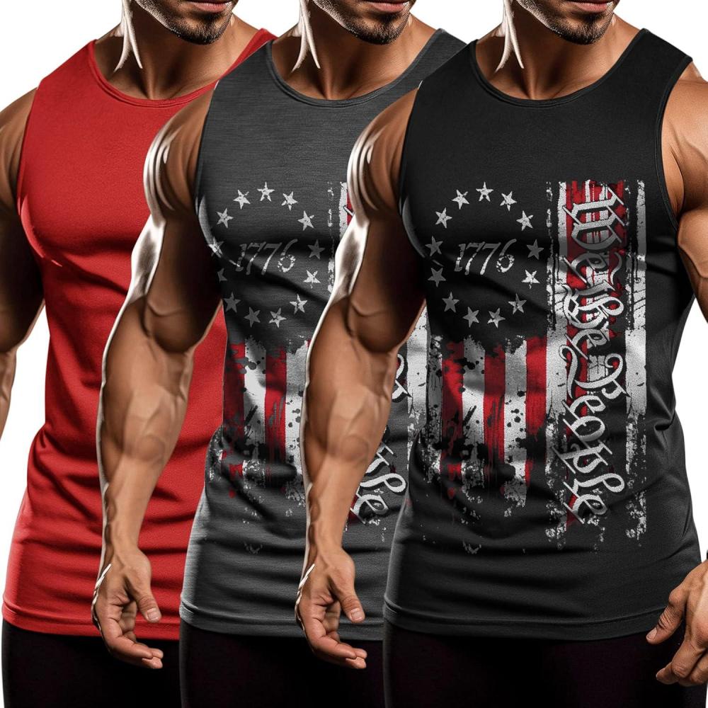 imageCOOFANDY Mens 3 Pack Workout Tank Tops Sleeveless Gym Shirts Bodybuilding Fitness Muscle Tee ShirtsFlagblackFlag GreyRed