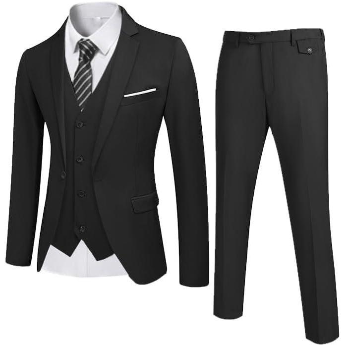 imageCOOFANDY Mens 3 Piece Wedding Suit Set One Button Slim Fit Jacket Blazer Vest Pants Set Groom Prom Tuxedo SuitsBlack