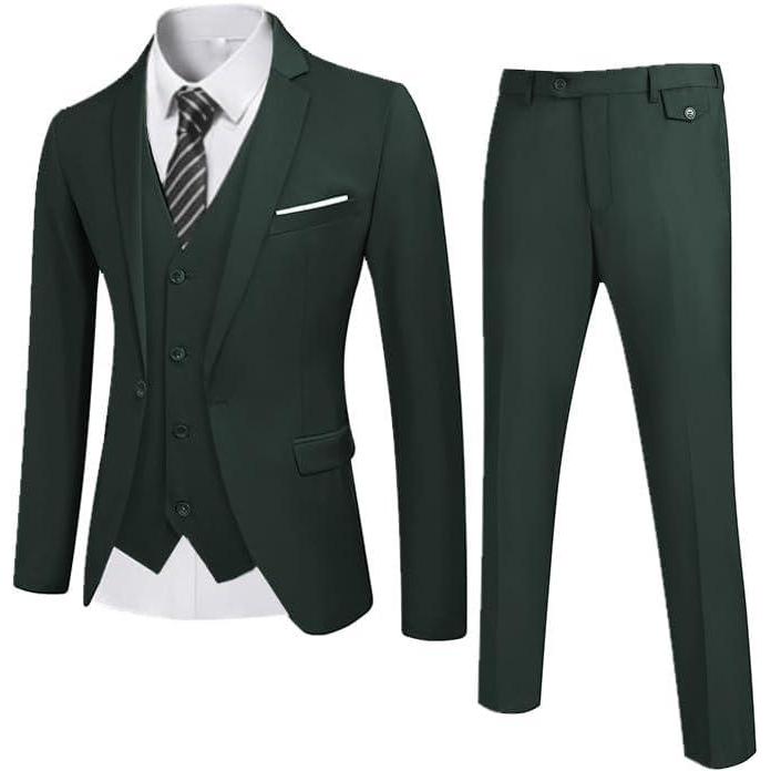 imageCOOFANDY Mens 3 Piece Wedding Suit Set One Button Slim Fit Jacket Blazer Vest Pants Set Groom Prom Tuxedo SuitsDark Green