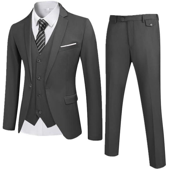 imageCOOFANDY Mens 3 Piece Wedding Suit Set One Button Slim Fit Jacket Blazer Vest Pants Set Groom Prom Tuxedo SuitsDark Grey