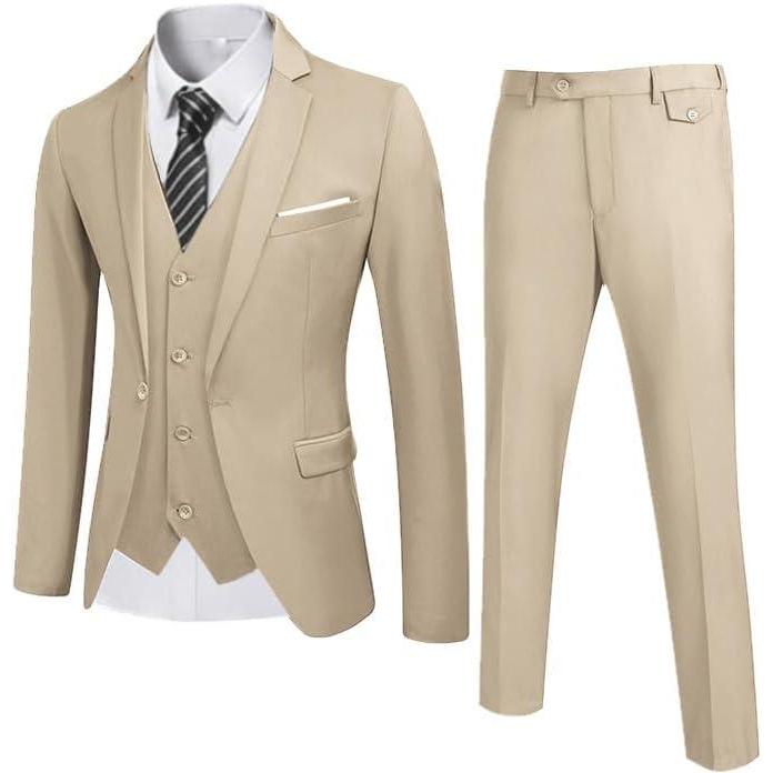 imageCOOFANDY Mens 3 Piece Wedding Suit Set One Button Slim Fit Jacket Blazer Vest Pants Set Groom Prom Tuxedo SuitsKhaki