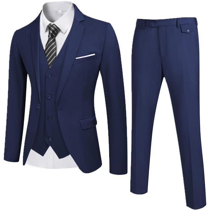 imageCOOFANDY Mens 3 Piece Wedding Suit Set One Button Slim Fit Jacket Blazer Vest Pants Set Groom Prom Tuxedo SuitsNavy Blue