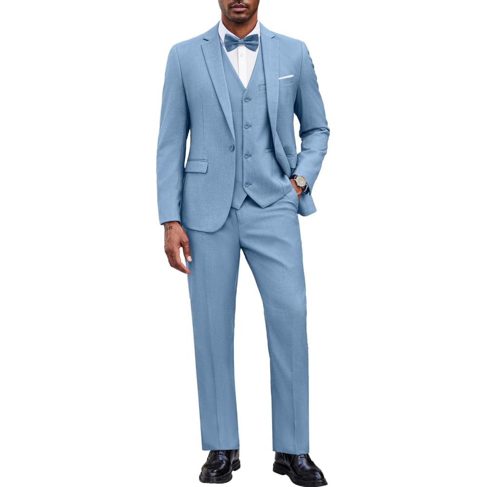 imageCOOFANDY Mens 3 Pieces Suit Classic One Button Single Breasted Slim Fit Blazer Jacket Vest Pants Set Wedding BusinesLight Blue