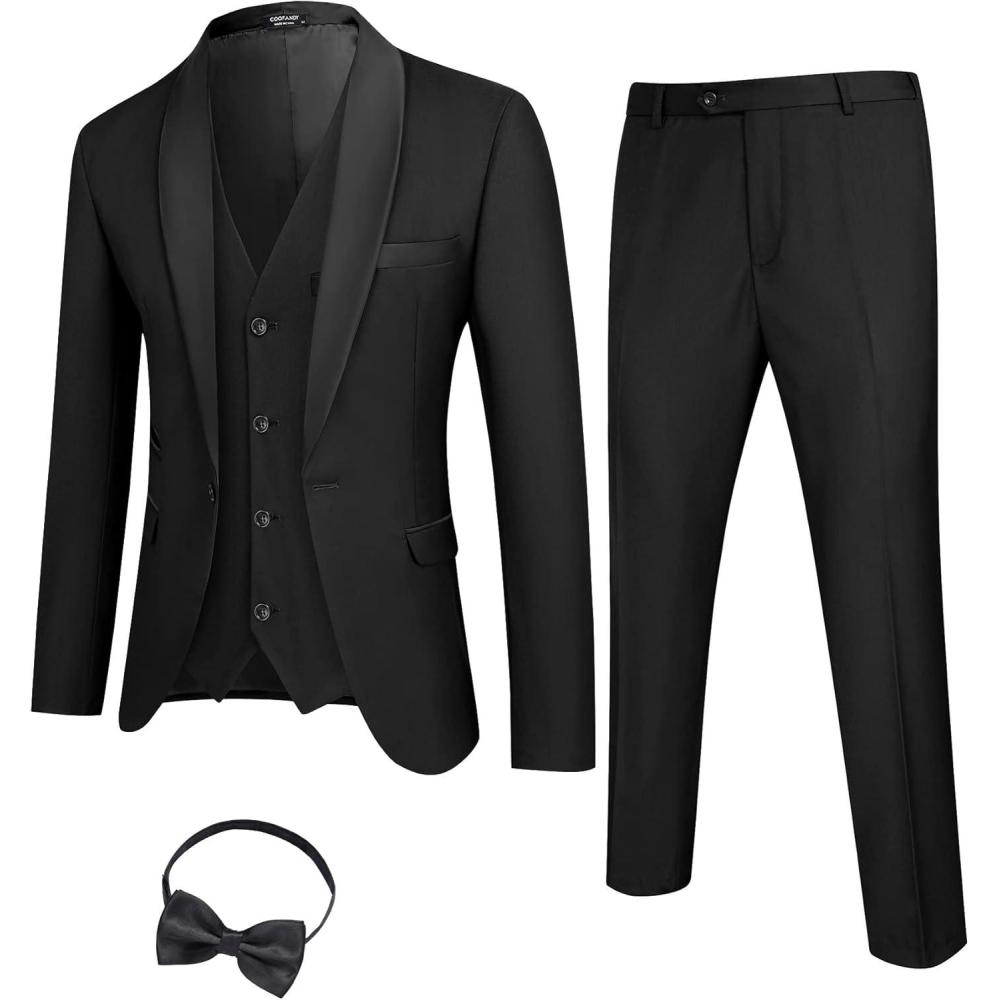 imageCOOFANDY Mens 3 Pieces Suit Slim Fit Tuxedo Set One Button Shawl Lapel Dinner Prom Jacket Vest Pants with TieBlack