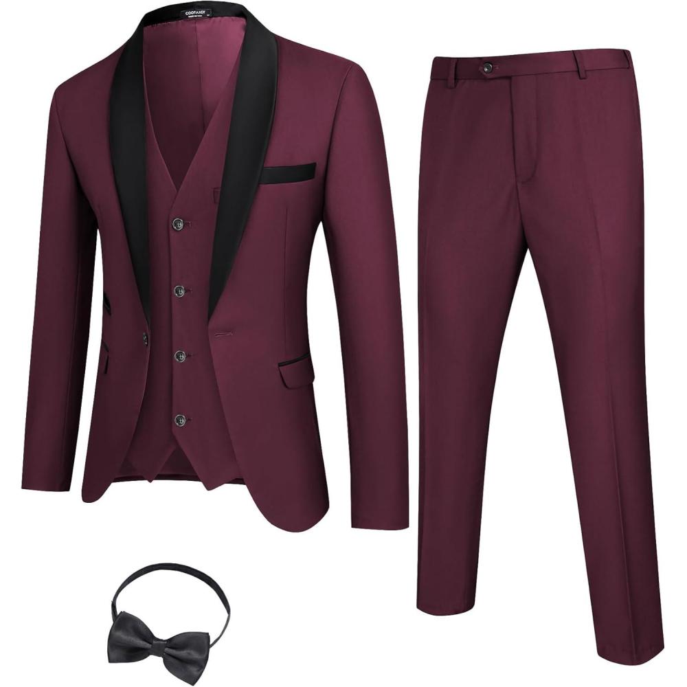 imageCOOFANDY Mens 3 Pieces Suit Slim Fit Tuxedo Set One Button Shawl Lapel Dinner Prom Jacket Vest Pants with TieBurgundyBlack
