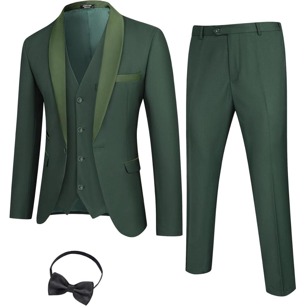 imageCOOFANDY Mens 3 Pieces Suit Slim Fit Tuxedo Set One Button Shawl Lapel Dinner Prom Jacket Vest Pants with TieGreen