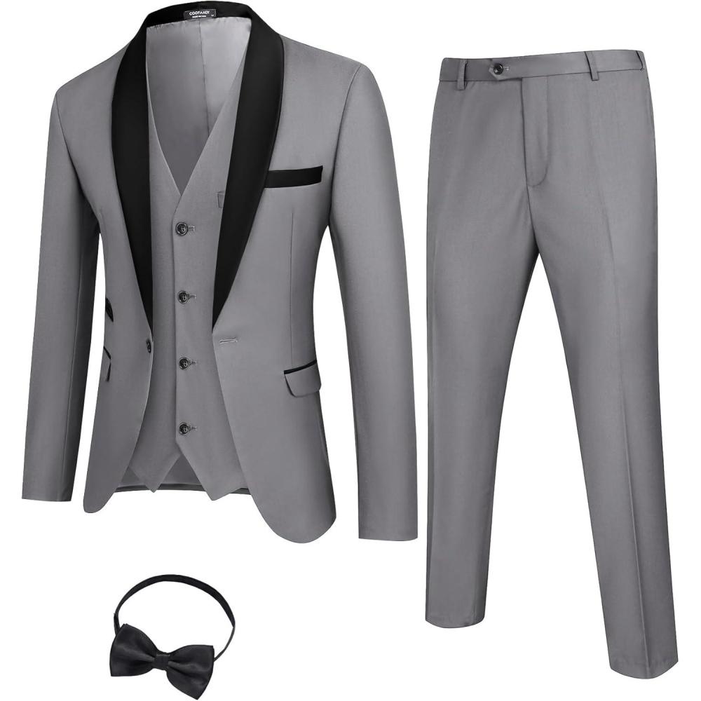 imageCOOFANDY Mens 3 Pieces Suit Slim Fit Tuxedo Set One Button Shawl Lapel Dinner Prom Jacket Vest Pants with TieLgreyBlack