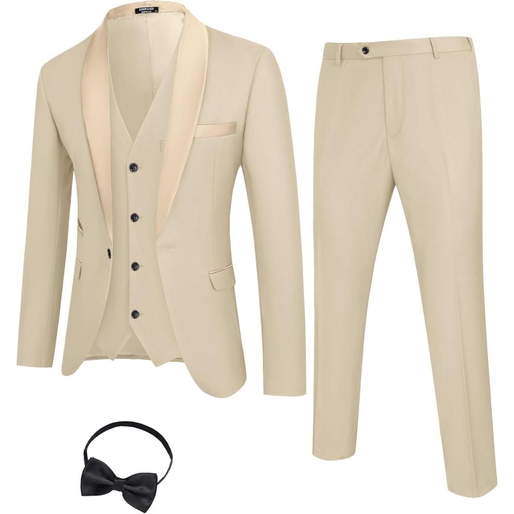 imageCOOFANDY Mens 3 Pieces Suit Slim Fit Tuxedo Set One Button Shawl Lapel Dinner Prom Jacket Vest Pants with TieLight Khaki