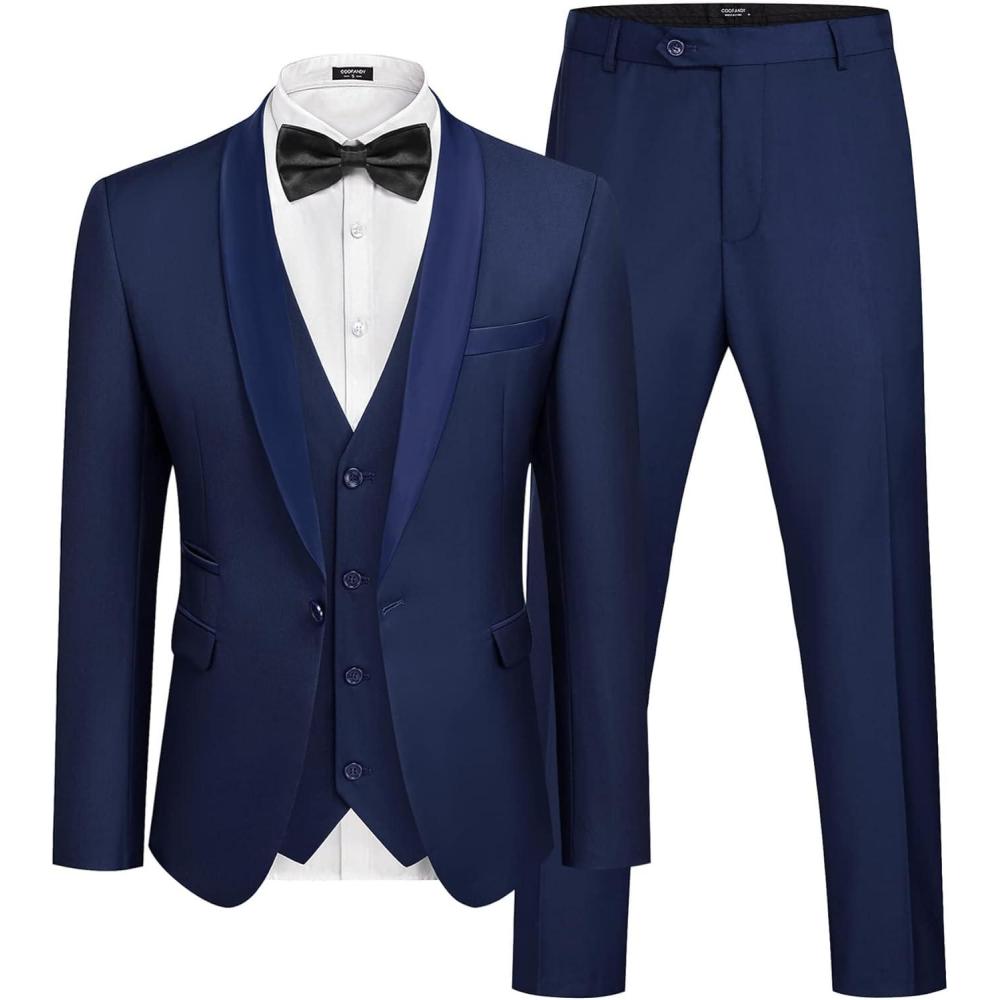 imageCOOFANDY Mens 3 Pieces Suit Slim Fit Tuxedo Set One Button Shawl Lapel Dinner Prom Jacket Vest Pants with TieNavy Blue