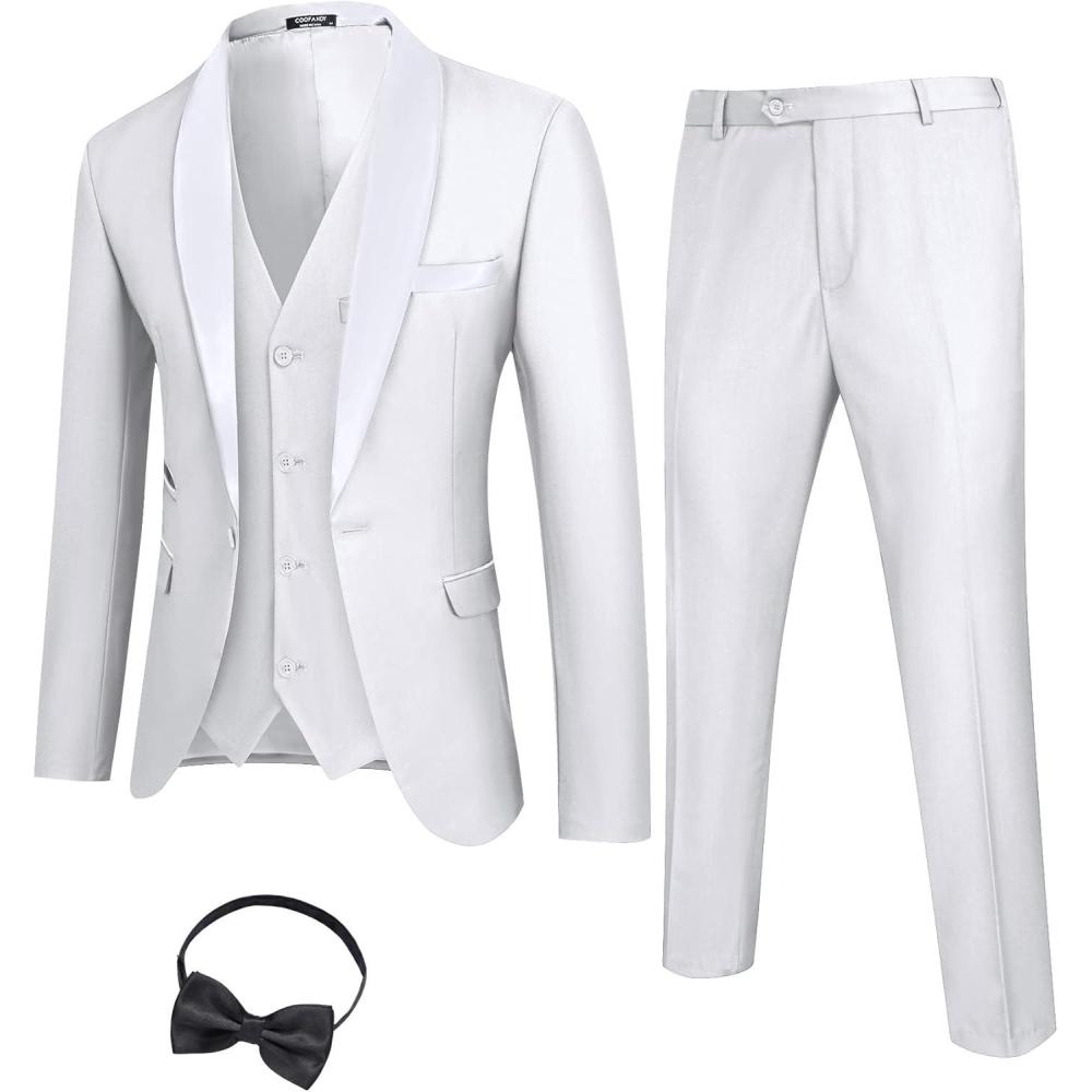 imageCOOFANDY Mens 3 Pieces Suit Slim Fit Tuxedo Set One Button Shawl Lapel Dinner Prom Jacket Vest Pants with TieWhite