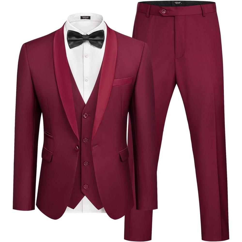 imageCOOFANDY Mens 3 Pieces Suit Slim Fit Tuxedo Set One Button Shawl Lapel Dinner Prom Jacket Vest Pants with TieWine Red