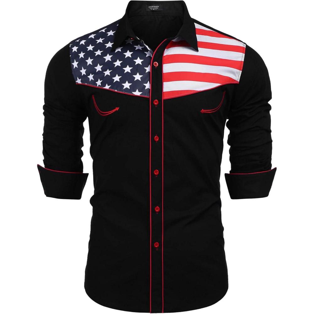 imageCOOFANDY Mens American Flag Button Down Shirt Western Cowboy Casual Long Sleeve Patriotic ShirtsBlack