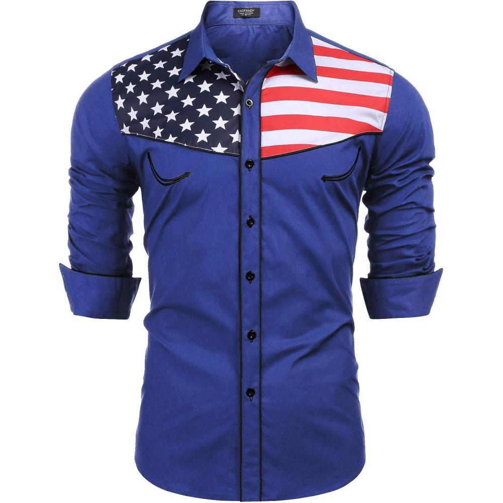 imageCOOFANDY Mens American Flag Button Down Shirt Western Cowboy Casual Long Sleeve Patriotic ShirtsBlue