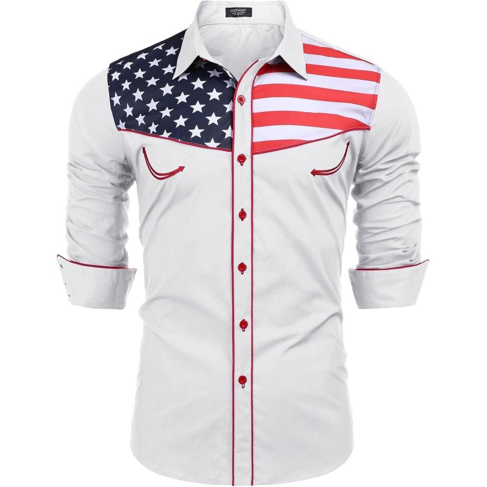 imageCOOFANDY Mens American Flag Button Down Shirt Western Cowboy Casual Long Sleeve Patriotic ShirtsWhite