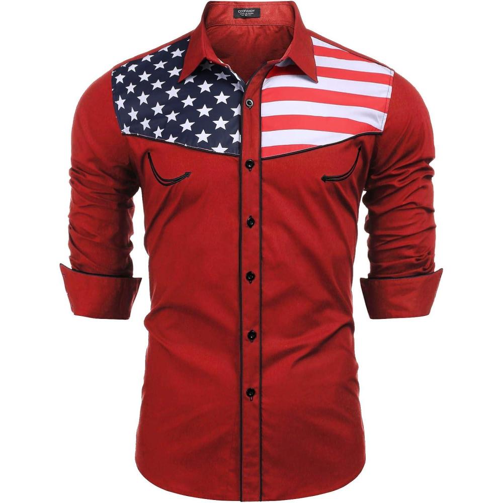 imageCOOFANDY Mens American Flag Button Down Shirt Western Cowboy Casual Long Sleeve Patriotic ShirtsWhite Flag Red