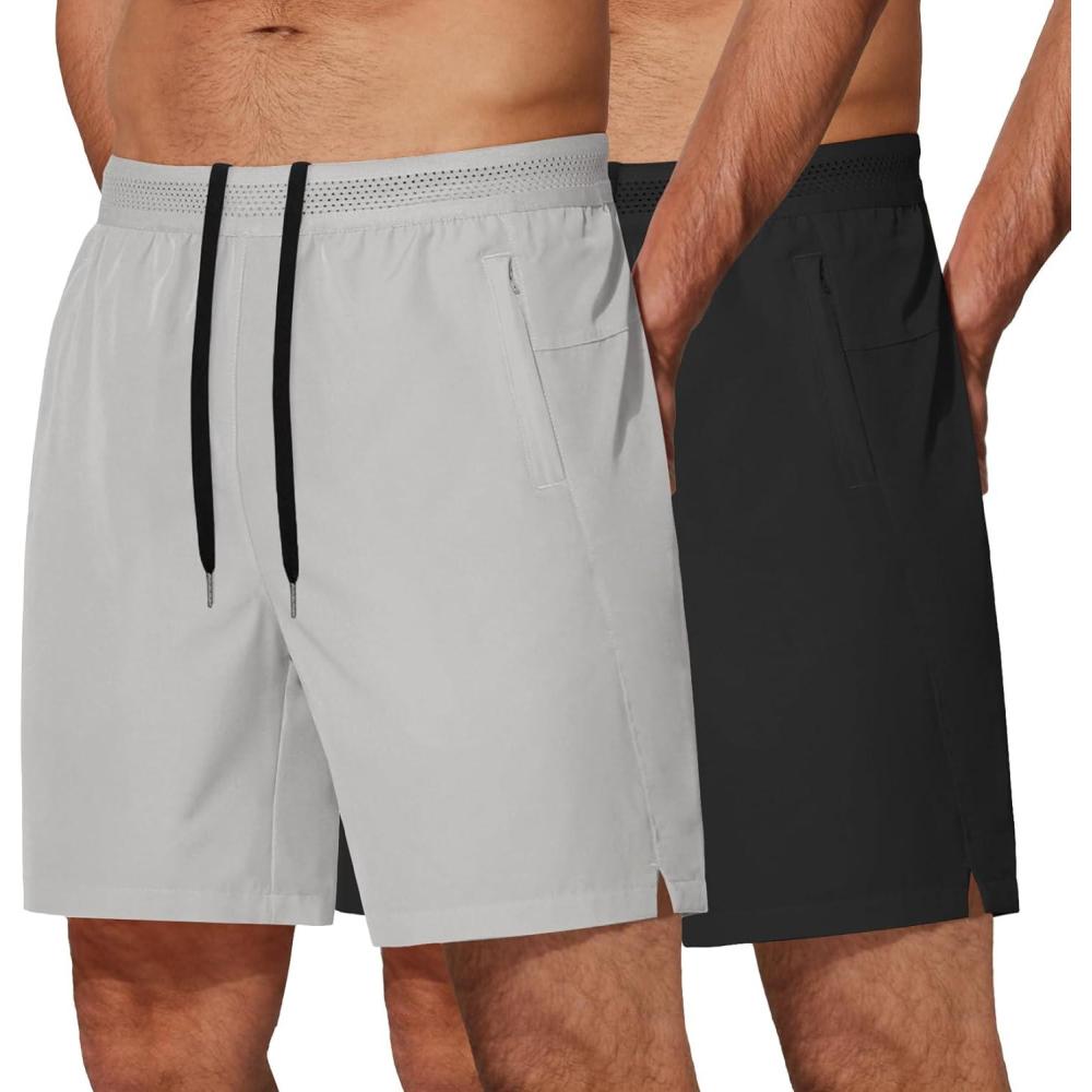 imageCOOFANDY Mens Athletic Running Shorts 7 Gym Workout Shorts Lightweight Drawstring Training Shorts with Zipper Pockets01blakLight Grey