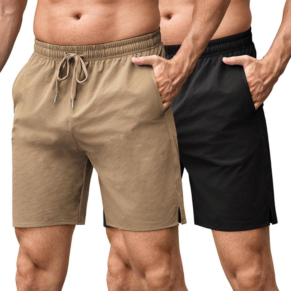 imageCOOFANDY Mens Athletic Running Shorts 7 Gym Workout Shorts Lightweight Drawstring Training Shorts with Zipper Pockets2 Pack BlackKhaki