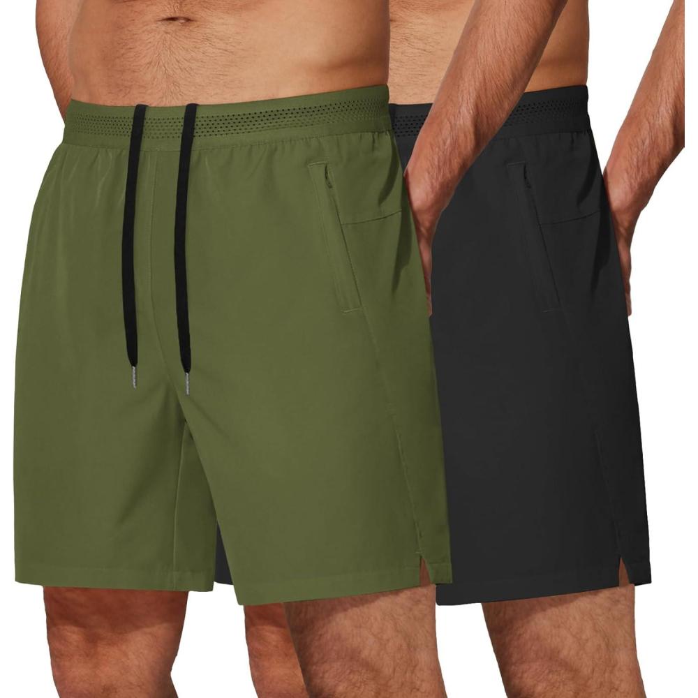 imageCOOFANDY Mens Athletic Running Shorts 7 Gym Workout Shorts Lightweight Drawstring Training Shorts with Zipper PocketsBlakArmy Green