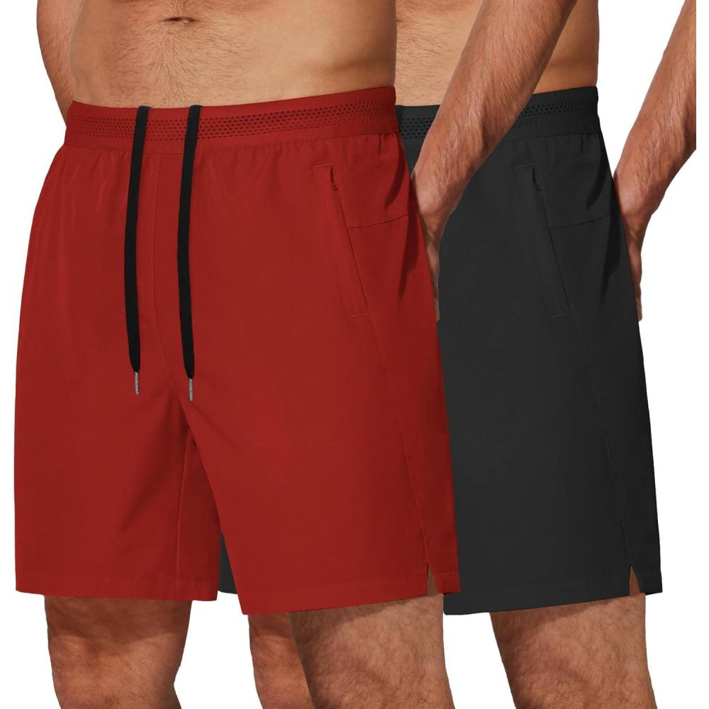 imageCOOFANDY Mens Athletic Running Shorts 7 Gym Workout Shorts Lightweight Drawstring Training Shorts with Zipper PocketsBlakWine Red