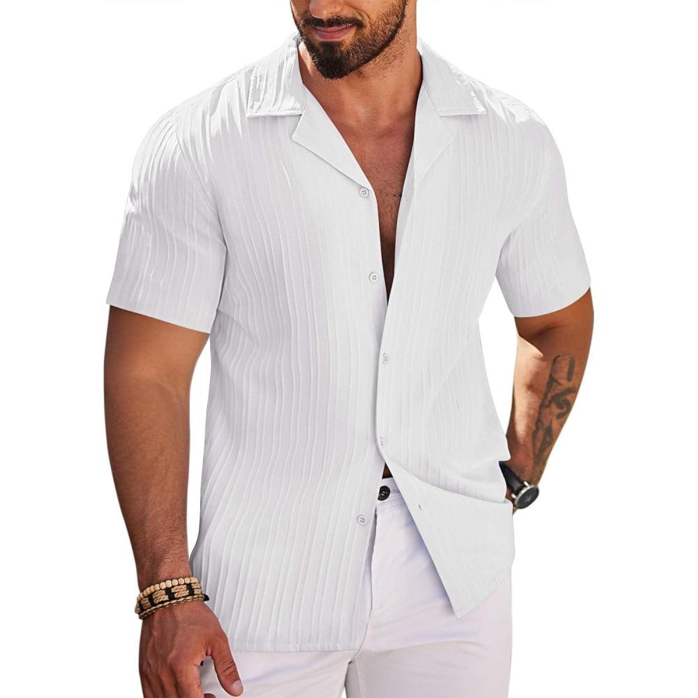 imageCOOFANDY Mens Beach Shirt Short Sleeve Button Down Shirts Casual Cuban Collared Summer Vacation Tropical ShirtsA White