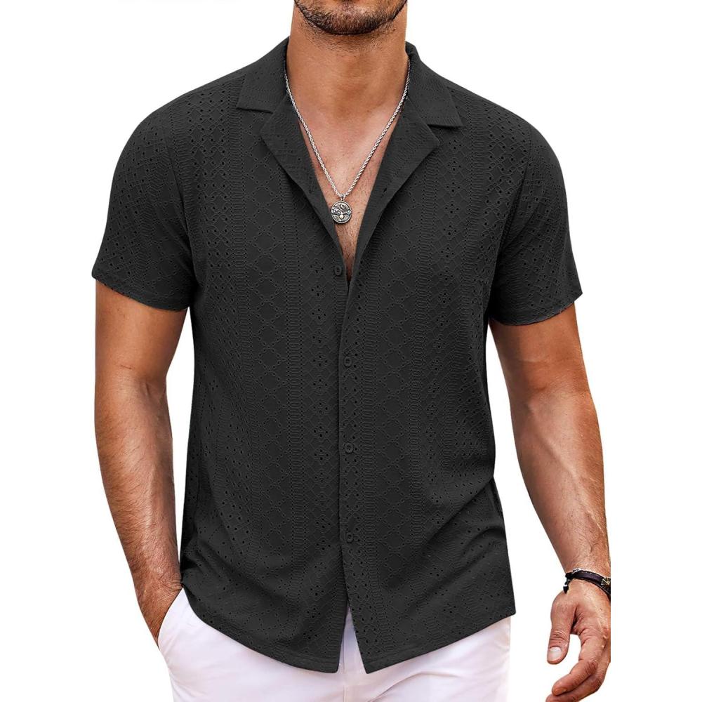 imageCOOFANDY Mens Beach Shirt Short Sleeve Button Down Shirts Casual Cuban Collared Summer Vacation Tropical ShirtsBlack
