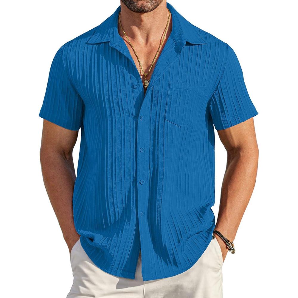 imageCOOFANDY Mens Beach Shirt Short Sleeve Button Down Shirts Casual Cuban Collared Summer Vacation Tropical ShirtsBlue