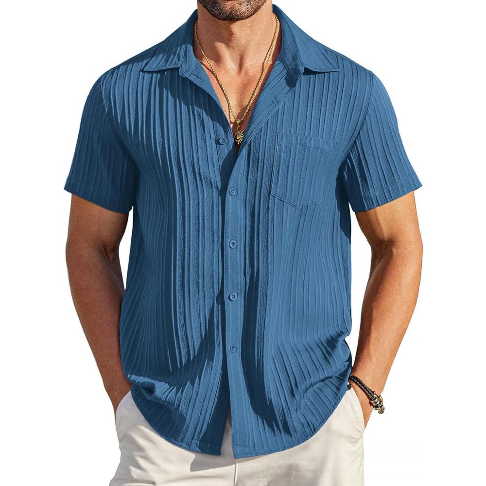 imageCOOFANDY Mens Beach Shirt Short Sleeve Button Down Shirts Casual Cuban Collared Summer Vacation Tropical ShirtsDark Blue