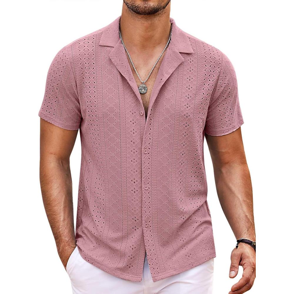 imageCOOFANDY Mens Beach Shirt Short Sleeve Button Down Shirts Casual Cuban Collared Summer Vacation Tropical ShirtsDusty Rose