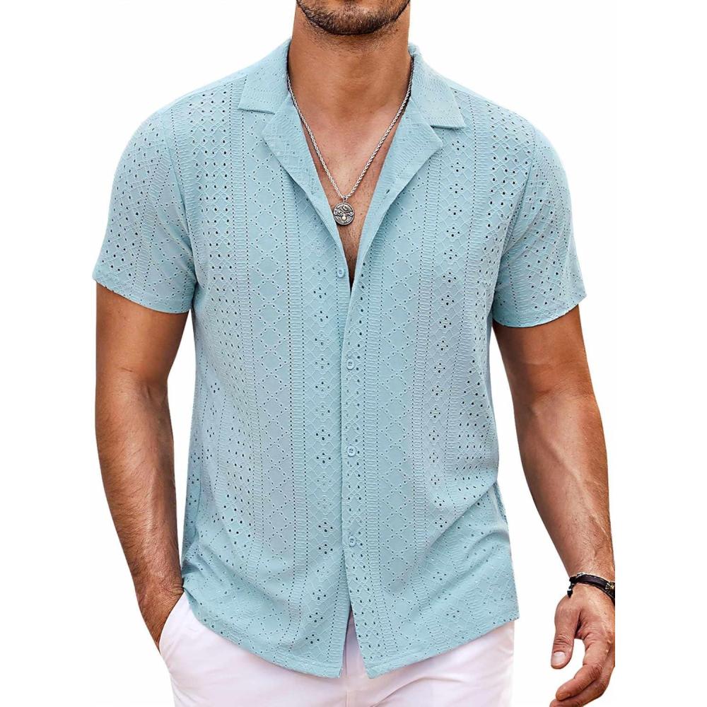 imageCOOFANDY Mens Beach Shirt Short Sleeve Button Down Shirts Casual Cuban Collared Summer Vacation Tropical ShirtsLight Blue