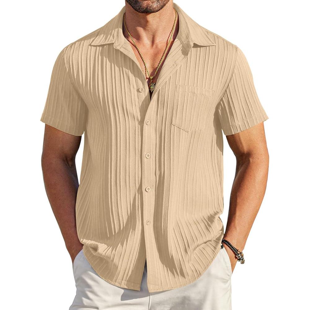 imageCOOFANDY Mens Beach Shirt Short Sleeve Button Down Shirts Casual Cuban Collared Summer Vacation Tropical ShirtsLight Khaki