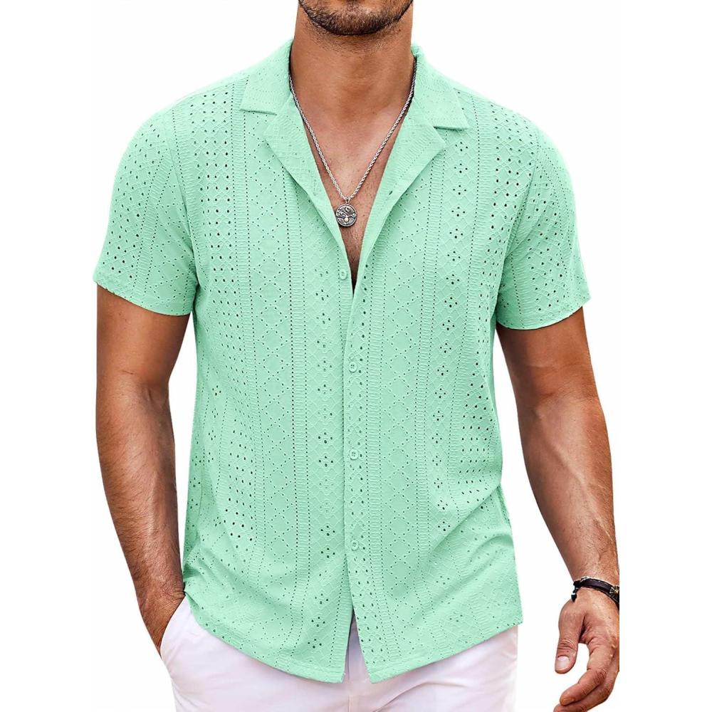 imageCOOFANDY Mens Beach Shirt Short Sleeve Button Down Shirts Casual Cuban Collared Summer Vacation Tropical ShirtsMint Green