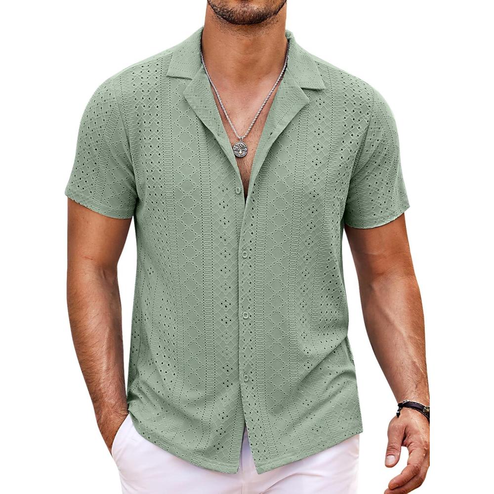 imageCOOFANDY Mens Beach Shirt Short Sleeve Button Down Shirts Casual Cuban Collared Summer Vacation Tropical ShirtsMoss Green