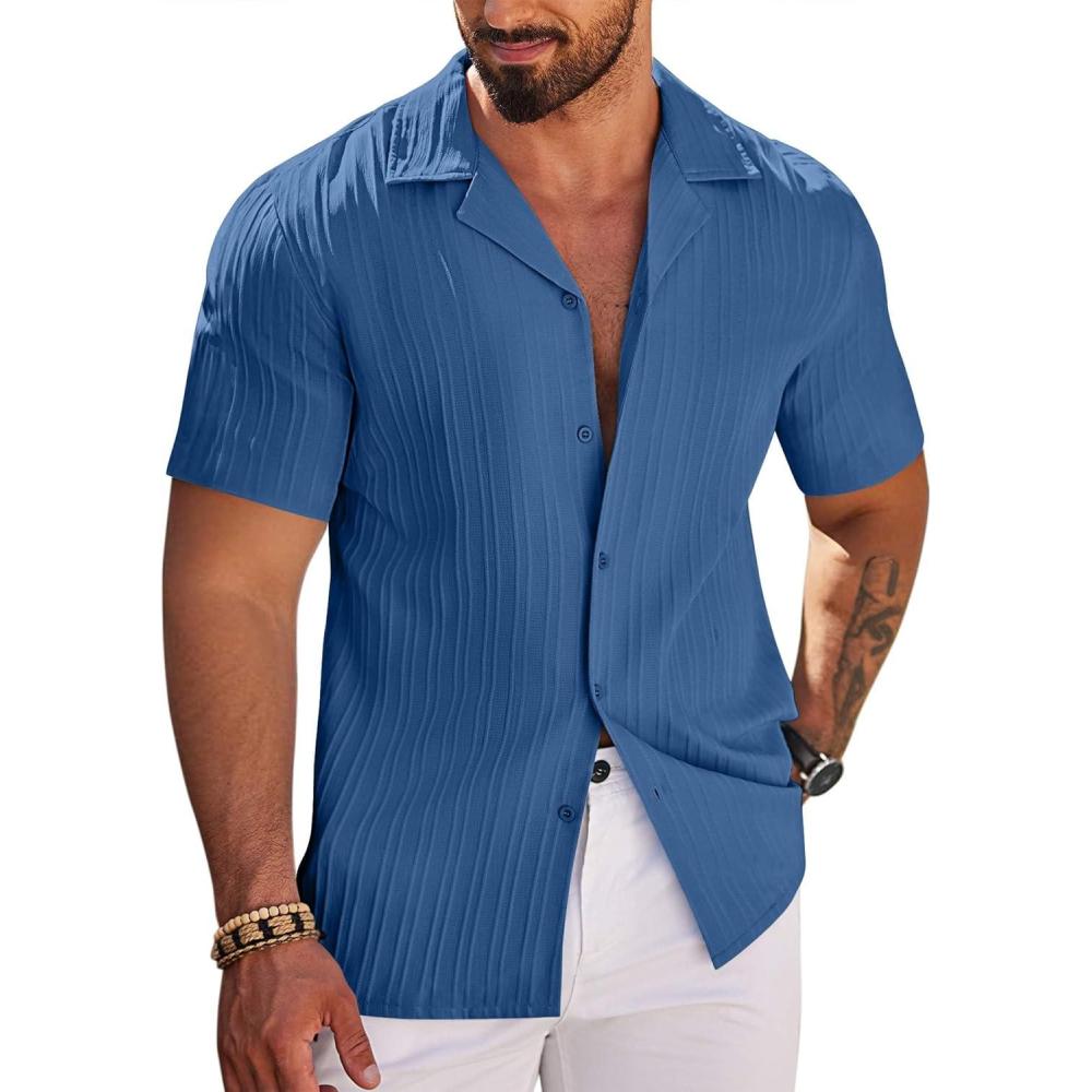 imageCOOFANDY Mens Beach Shirt Short Sleeve Button Down Shirts Casual Cuban Collared Summer Vacation Tropical ShirtsNavy