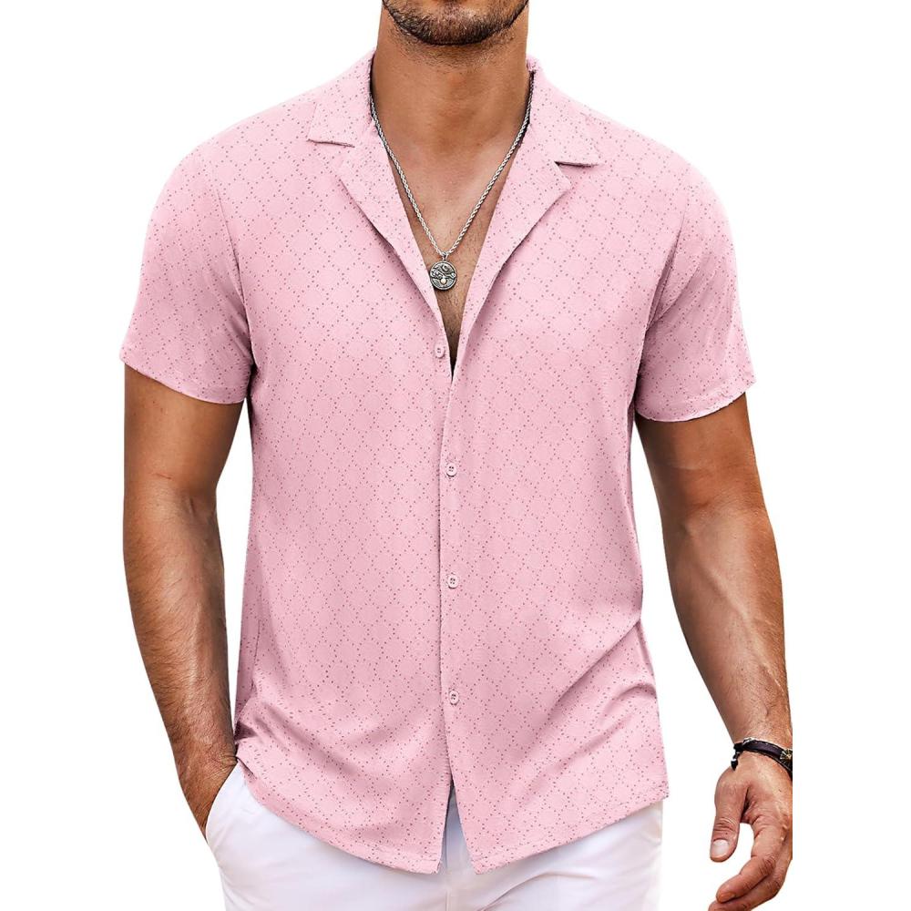 imageCOOFANDY Mens Beach Shirt Short Sleeve Button Down Shirts Casual Cuban Collared Summer Vacation Tropical ShirtsPattern 2pink