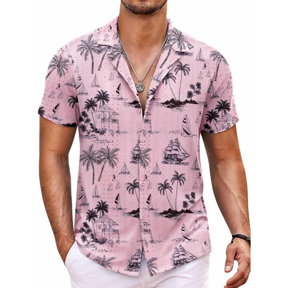 imageCOOFANDY Mens Beach Shirt Short Sleeve Button Down Shirts Casual Cuban Collared Summer Vacation Tropical ShirtsPinkcoco