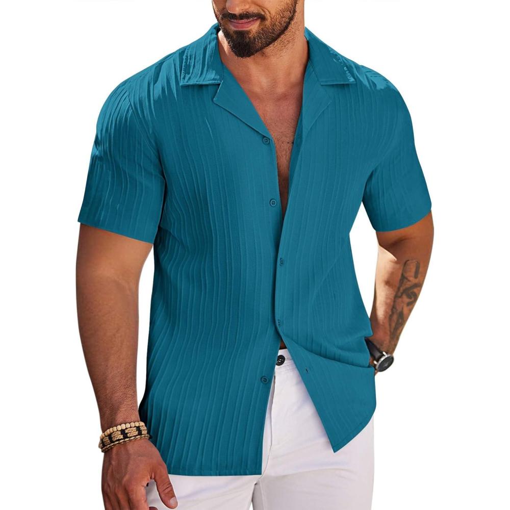 imageCOOFANDY Mens Beach Shirt Short Sleeve Button Down Shirts Casual Cuban Collared Summer Vacation Tropical ShirtsTeal
