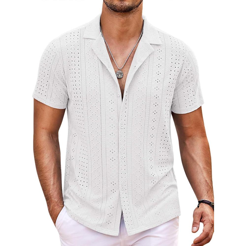 imageCOOFANDY Mens Beach Shirt Short Sleeve Button Down Shirts Casual Cuban Collared Summer Vacation Tropical ShirtsWhite
