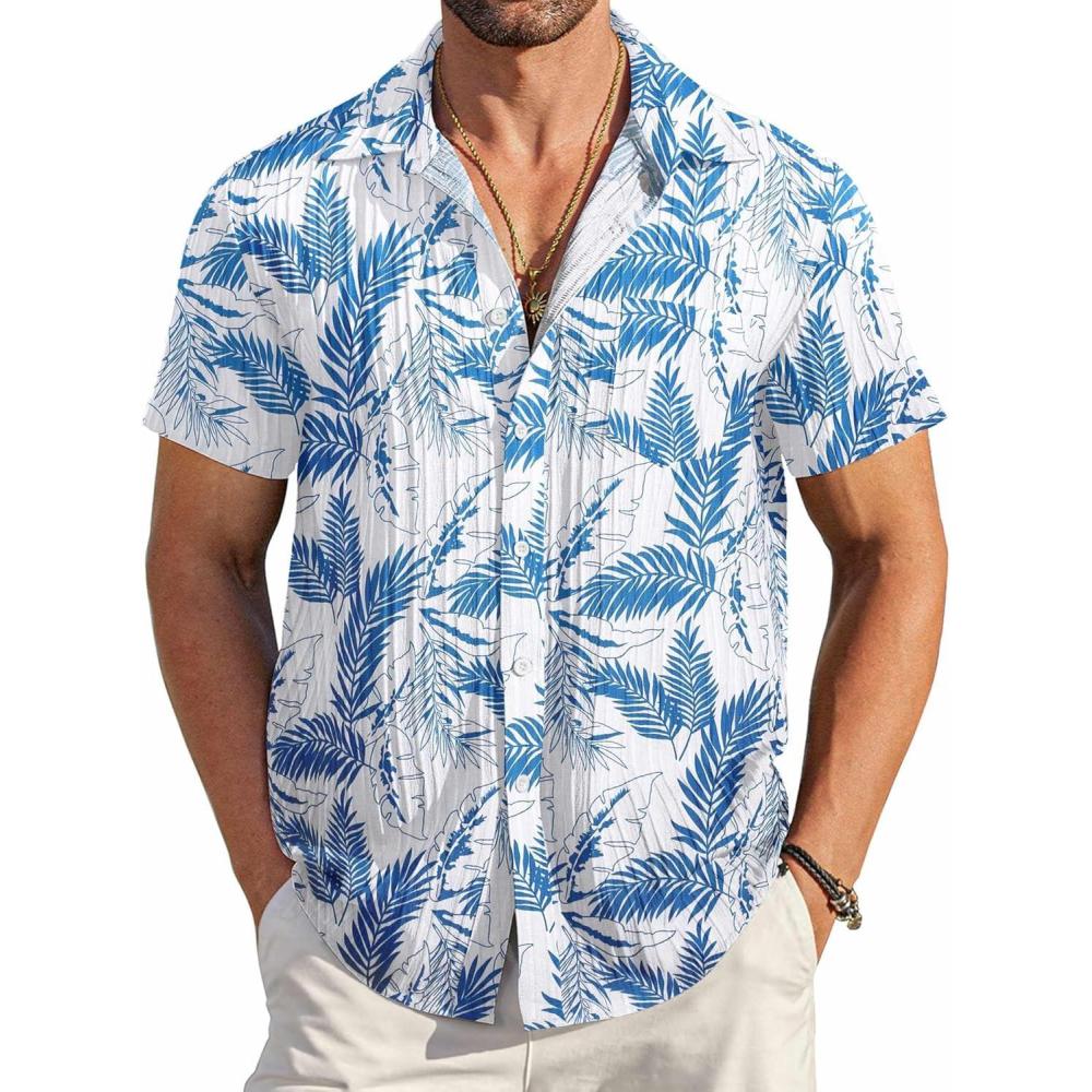 imageCOOFANDY Mens Beach Shirt Short Sleeve Button Down Shirts Casual Cuban Collared Summer Vacation Tropical ShirtsWhiteblue Leaves