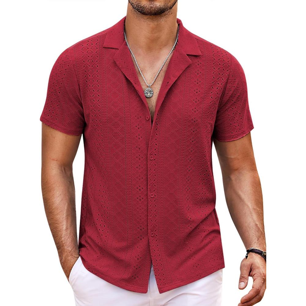 imageCOOFANDY Mens Beach Shirt Short Sleeve Button Down Shirts Casual Cuban Collared Summer Vacation Tropical ShirtsWine Red