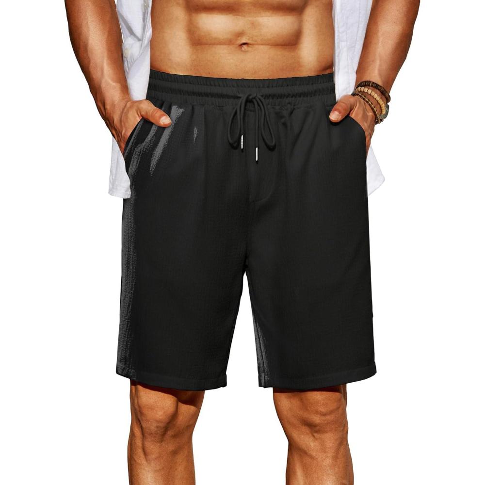 imageCOOFANDY Mens Beach Shorts 9quot Elastic Waist Drawstring Shorts Lightweight Regular Fit Casual Summer ShortsAblack
