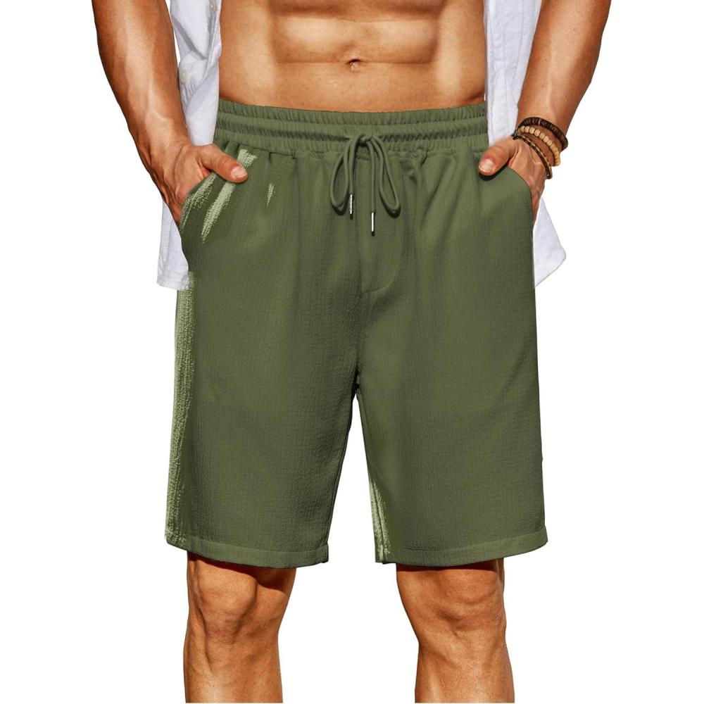 imageCOOFANDY Mens Beach Shorts 9quot Elastic Waist Drawstring Shorts Lightweight Regular Fit Casual Summer ShortsArmy Green