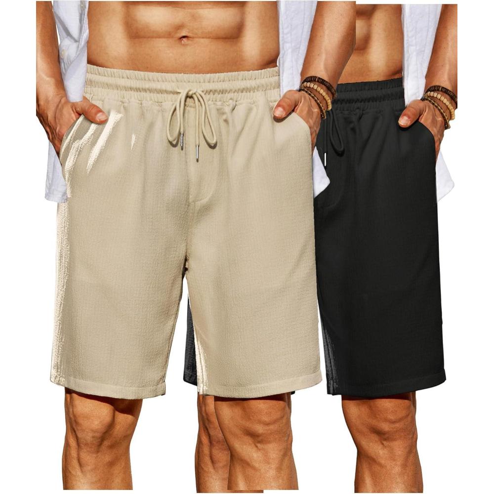 imageCOOFANDY Mens Beach Shorts 9quot Elastic Waist Drawstring Shorts Lightweight Regular Fit Casual Summer ShortsBlackLight Khaki