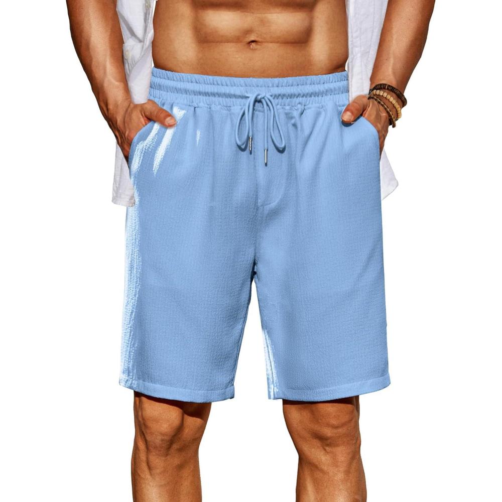 imageCOOFANDY Mens Beach Shorts 9quot Elastic Waist Drawstring Shorts Lightweight Regular Fit Casual Summer ShortsLight Blue