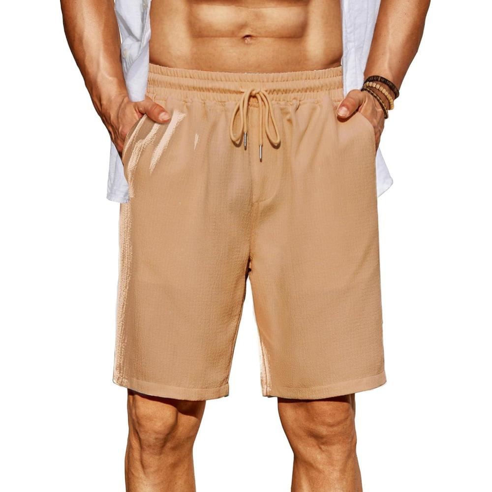 imageCOOFANDY Mens Beach Shorts 9quot Elastic Waist Drawstring Shorts Lightweight Regular Fit Casual Summer ShortsLight Brown