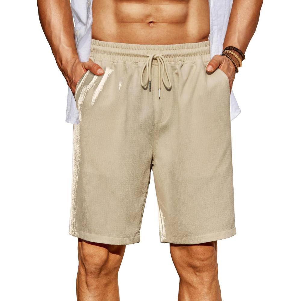 imageCOOFANDY Mens Beach Shorts 9quot Elastic Waist Drawstring Shorts Lightweight Regular Fit Casual Summer ShortsLight Khaki