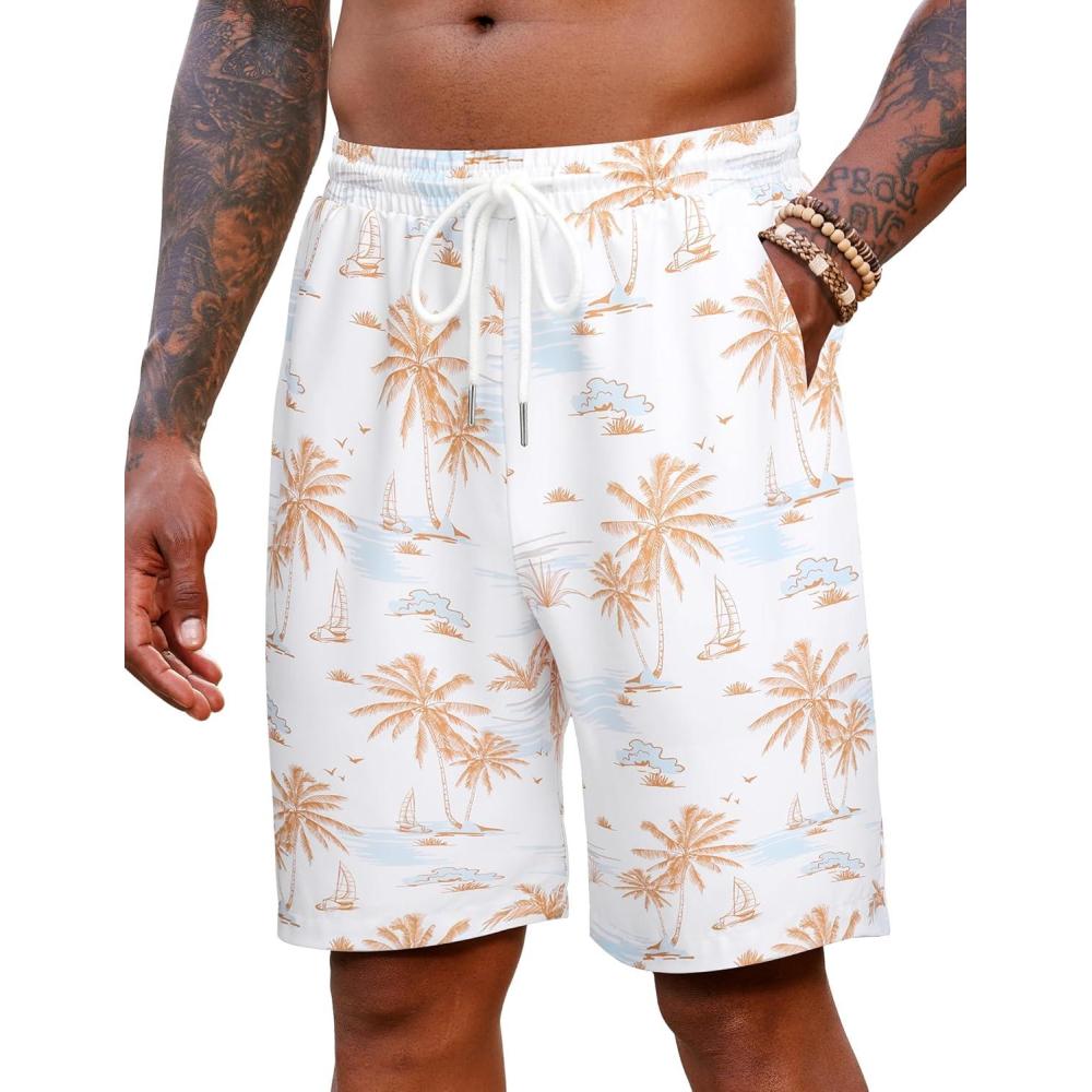 imageCOOFANDY Mens Beach Shorts 9quot Elastic Waist Drawstring Shorts Lightweight Regular Fit Casual Summer ShortsWhitebrown Coconut Tree