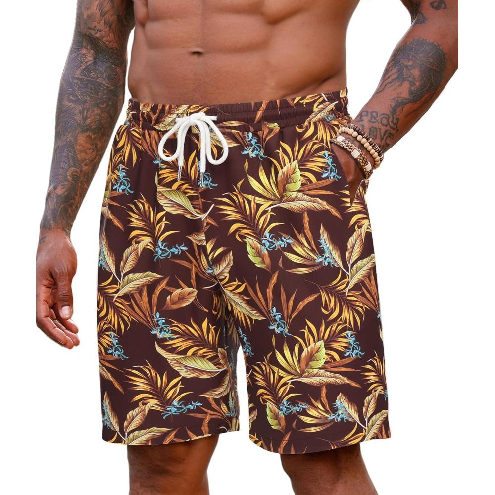 imageCOOFANDY Mens Beach Shorts 9quot Elastic Waist Drawstring Shorts Lightweight Regular Fit Casual Summer ShortsWine Redgolden Tropical Print